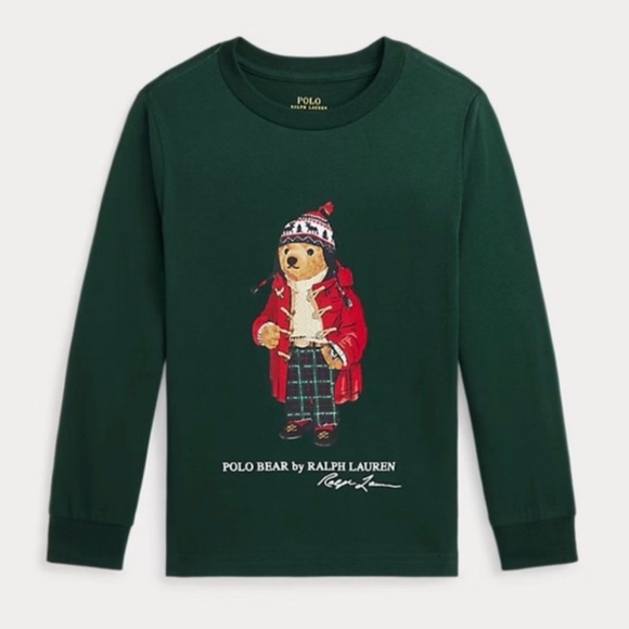 Ralph Lauren Kids Dark Green Long Sleeve Tee with Bear Design - Picture 1 of 5
